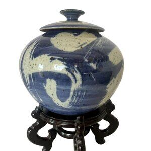 Handmade Studio Art Ceramic Blue & White Lidded Abstract Ginger Jar Signed